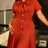 AOMEIDRESS Women Elegant Blazer Pleated Dress Bow Neck Short Sleeve - BrickRed / L