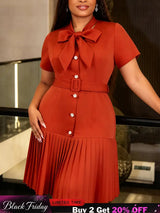 AOMEIDRESS Women Elegant Blazer Pleated Dress Bow Neck Short Sleeve - BrickRed / L