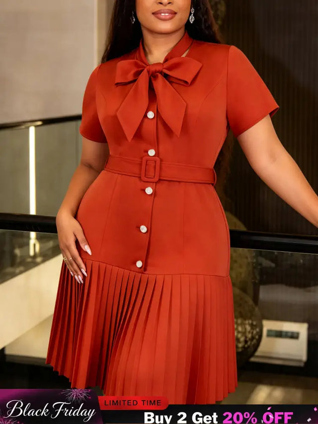 AOMEIDRESS Women Elegant Blazer Pleated Dress Bow Neck Short Sleeve - BrickRed / L