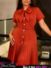 AOMEIDRESS Women Elegant Blazer Pleated Dress Bow Neck Short Sleeve - BrickRed / L