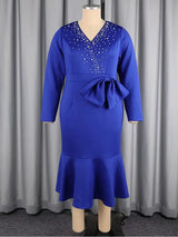 AOMEIDRESS Women Elegant Mermaid Dress Beaded V Neck Long Sleeve Bow