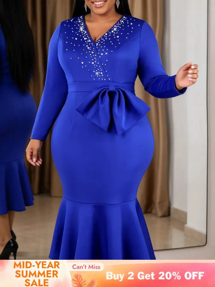 AOMEIDRESS Women Elegant Mermaid Dress Beaded V Neck Long Sleeve Bow - Blue / S