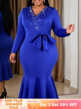 AOMEIDRESS Women Elegant Mermaid Dress Beaded V Neck Long Sleeve Bow - Blue / S