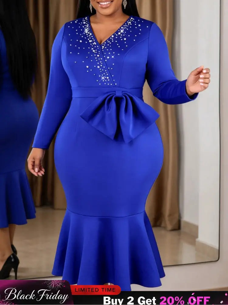 AOMEIDRESS Women Elegant Mermaid Dress Beaded V Neck Long Sleeve Bow - Blue / S