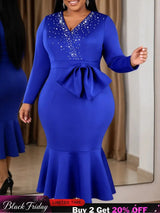 AOMEIDRESS Women Elegant Mermaid Dress Beaded V Neck Long Sleeve Bow - Blue / S