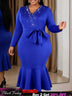 AOMEIDRESS Women Elegant Mermaid Dress Beaded V Neck Long Sleeve Bow - Blue / S