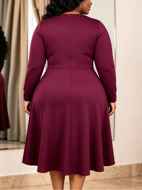 AOMEIDRESS Women Elegant Midi Dress O Neck Satin Bow Long Sleeve