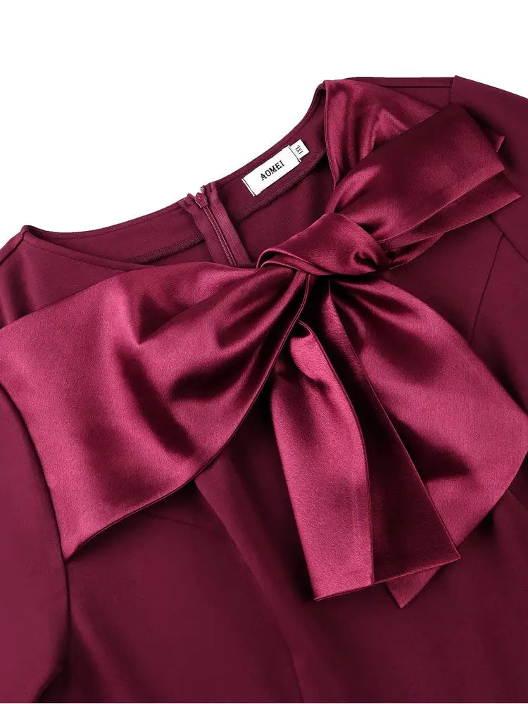 AOMEIDRESS Women Elegant Midi Dress O Neck Satin Bow Long Sleeve