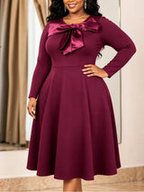 AOMEIDRESS Women Elegant Midi Dress O Neck Satin Bow Long Sleeve