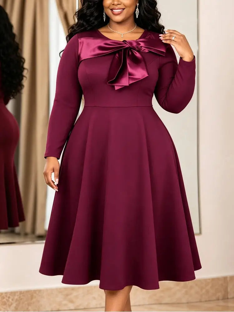 AOMEIDRESS Women Elegant Midi Dress O Neck Satin Bow Long Sleeve - Wine / L
