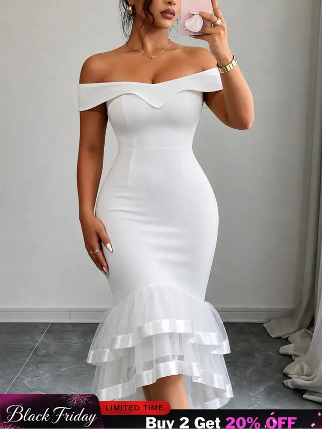 AOMEIDRESS Women Elegant Off Shoulder Mermaid Dress Tiered Ruffle - White / S