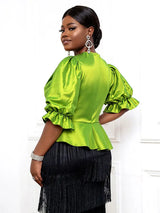 AOMEIDRESS Women Elegant Shiny Blouse O Neck Puff Sleeves Peplum Hem