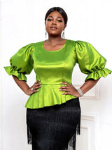 AOMEIDRESS Women Elegant Shiny Blouse O Neck Puff Sleeves Peplum Hem