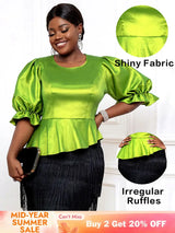 AOMEIDRESS Women Elegant Shiny Blouse O Neck Puff Sleeves Peplum Hem MustardGreen / L