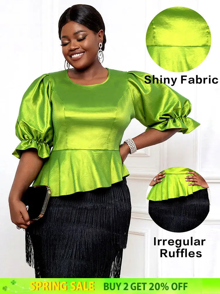 AOMEIDRESS Women Elegant Shiny Blouse O Neck Puff Sleeves Peplum Hem MustardGreen / L