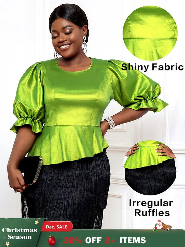 AOMEIDRESS Women Elegant Shiny Blouse O Neck Puff Sleeves Peplum Hem MustardGreen / L