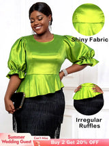 AOMEIDRESS Women Elegant Shiny Blouse O Neck Puff Sleeves Peplum Hem MustardGreen / L