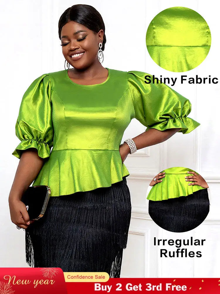 AOMEIDRESS Women Elegant Shiny Blouse O Neck Puff Sleeves Peplum Hem MustardGreen / L