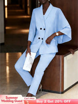 AOMEIDRESS Women Flare Sleeve Blazer Slim Pants Suit Office Lady Wear LightBlue / S
