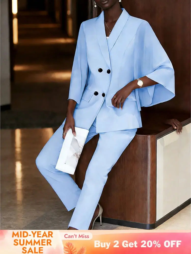AOMEIDRESS Women Flare Sleeve Blazer Slim Pants Suit Office Lady Wear LightBlue / S