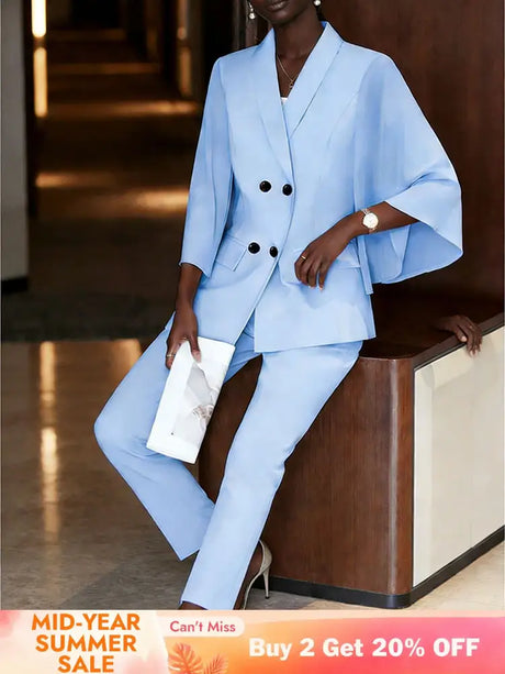 AOMEIDRESS Women Flare Sleeve Blazer Slim Pants Suit Office Lady Wear LightBlue / S