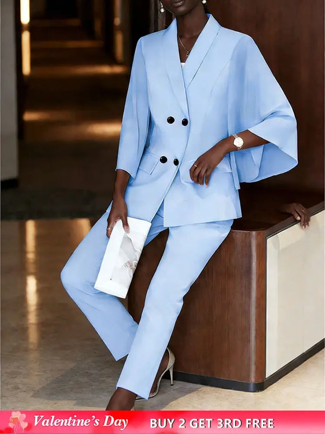 AOMEIDRESS Women Flare Sleeve Blazer Slim Pants Suit Office Lady Wear LightBlue / S