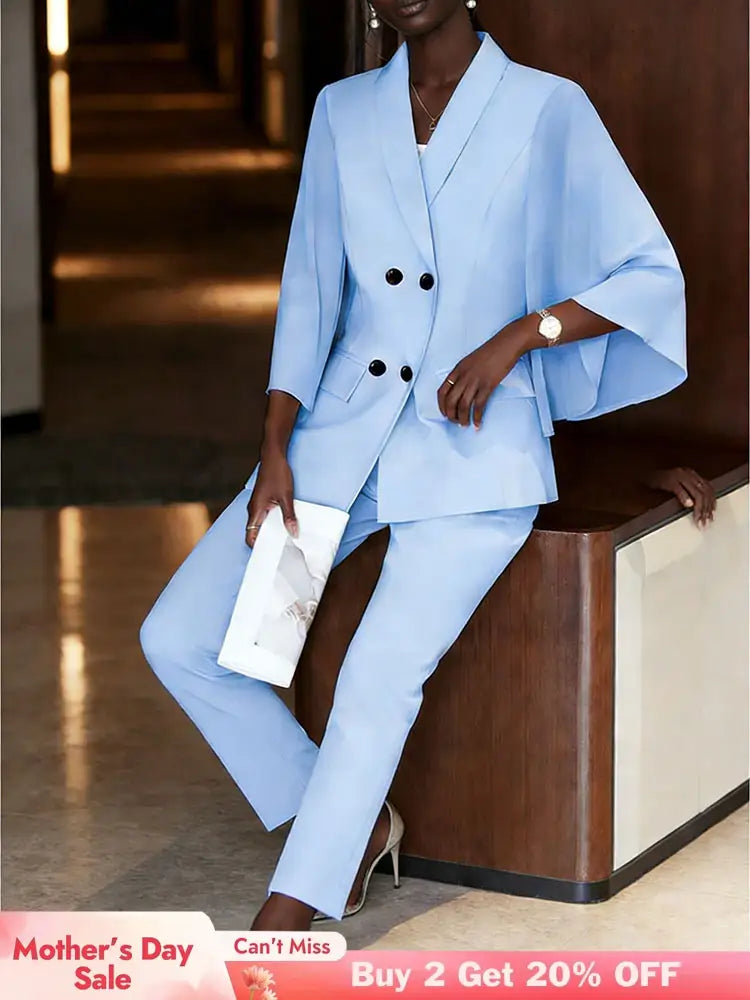 AOMEIDRESS Women Flare Sleeve Blazer Slim Pants Suit Office Lady Wear LightBlue / S