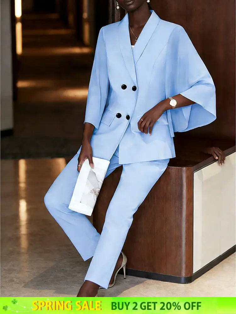 AOMEIDRESS Women Flare Sleeve Blazer Slim Pants Suit Office Lady Wear LightBlue / S