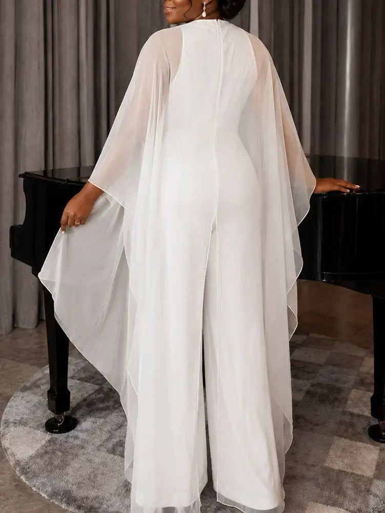 AOMEIDRESS Women Jumpsuits V Neck Mesh Batwing Sleeves Long Wide Leg