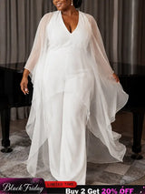 AOMEIDRESS Women Jumpsuits V Neck Mesh Batwing Sleeves Long Wide Leg - White / L
