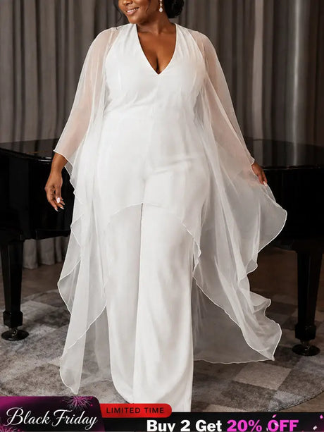 AOMEIDRESS Women Jumpsuits V Neck Mesh Batwing Sleeves Long Wide Leg - White / L
