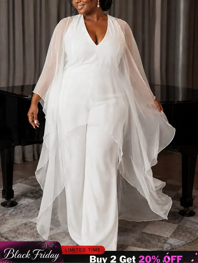 AOMEIDRESS Women Jumpsuits V Neck Mesh Batwing Sleeves Long Wide Leg - White / L