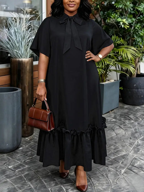 AOMEIDRESS Women Loose Long Dresses Ruffles Hem Africa Solid Church - Black / L