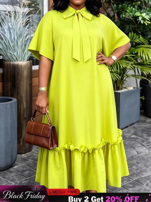AOMEIDRESS Women Loose Long Dresses Ruffles Hem Africa Solid Church - Yellow / L