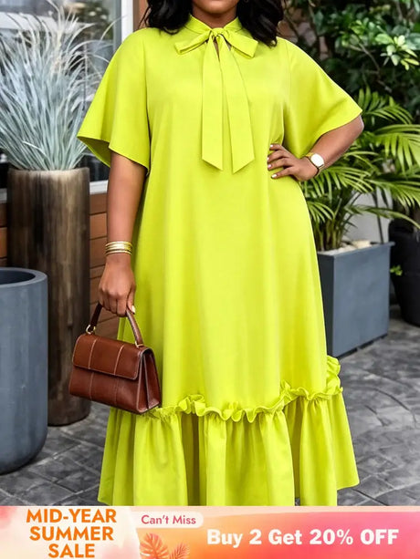 AOMEIDRESS Women Loose Long Dresses Ruffles Hem Africa Solid Church - Yellow / L