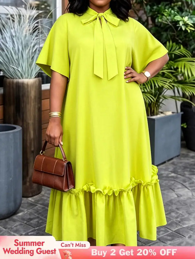 AOMEIDRESS Women Loose Long Dresses Ruffles Hem Africa Solid Church - Yellow / L
