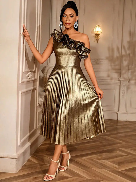 AOMEIDRESS Gold One Shoulder A Line Pleated Dress Ruffle Party Gowns