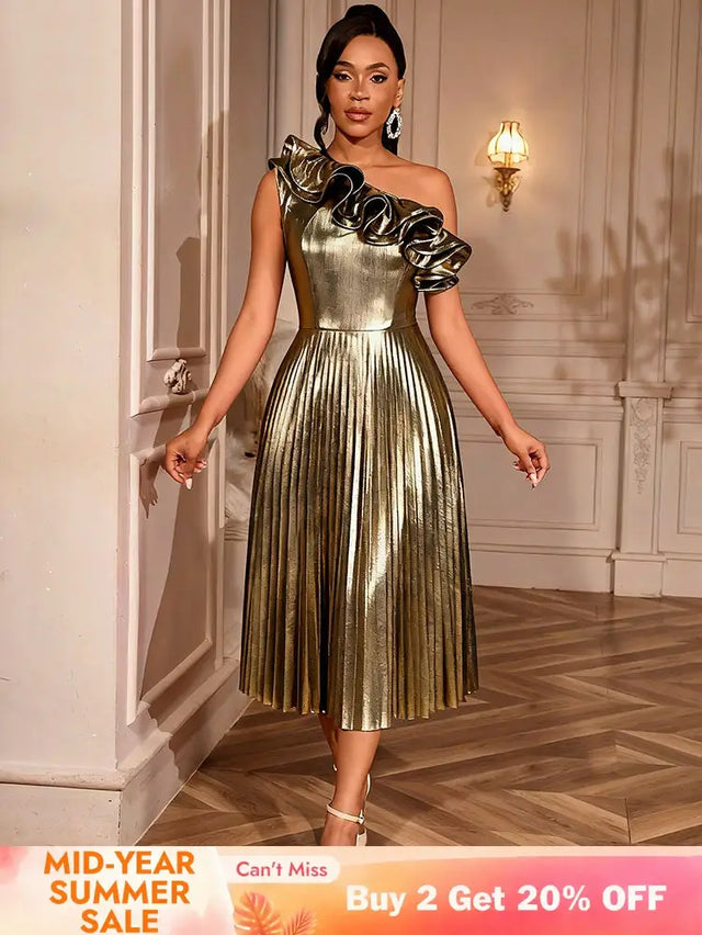 AOMEIDRESS Gold One Shoulder A Line Pleated Dress Ruffle Party Gowns Gold / S