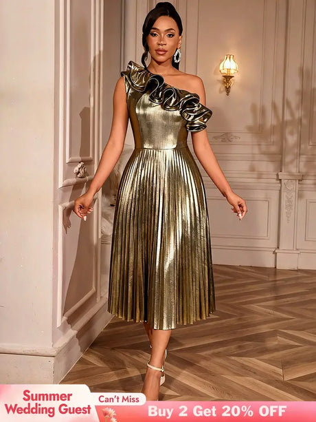 AOMEIDRESS Gold One Shoulder A Line Pleated Dress Ruffle Party Gowns Gold / S