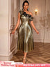 AOMEIDRESS Gold One Shoulder A Line Pleated Dress Ruffle Party Gowns Gold / S