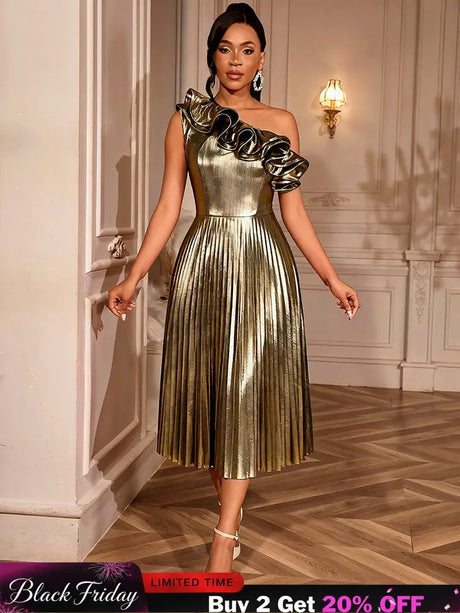 AOMEIDRESS Gold One Shoulder A Line Pleated Dress Ruffle Party Gowns Gold / S