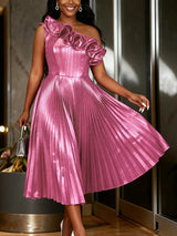 AOMEIDRESS Women One Shoulder A Line Pleated Dress Ruffle Party Gowns - Pink / S
