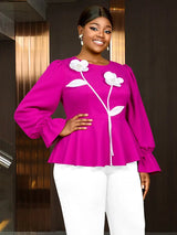 AOMEIDRESS Women Party Shirt O Neck 3D Flower Long Sleeve Peplum Top