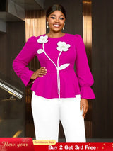 AOMEIDRESS Women Party Shirt O Neck 3D Flower Long Sleeve Peplum Top Rose / L