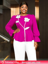 AOMEIDRESS Women Party Shirt O Neck 3D Flower Long Sleeve Peplum Top Rose / L