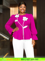 AOMEIDRESS Women Party Shirt O Neck 3D Flower Long Sleeve Peplum Top Rose / L