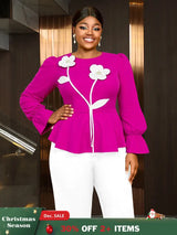 AOMEIDRESS Women Party Shirt O Neck 3D Flower Long Sleeve Peplum Top Rose / L