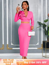 AOMEIDRESS Women Pink Two Pieces Set Ruffles Crop Tops Bodycon Skirts Pink / S