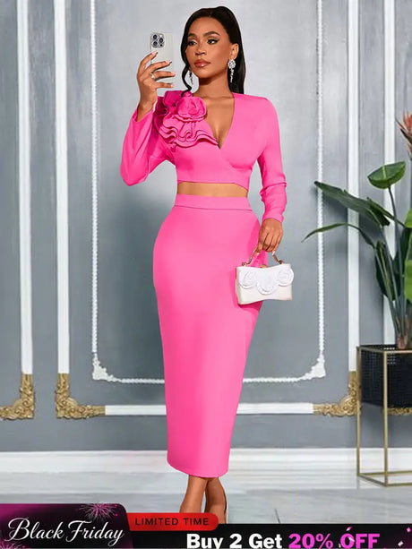 AOMEIDRESS Women Pink Two Pieces Set Ruffles Crop Tops Bodycon Skirts Pink / S