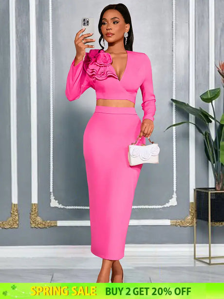 AOMEIDRESS Women Pink Two Pieces Set Ruffles Crop Tops Bodycon Skirts Pink / S